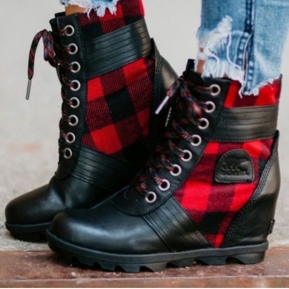 Sorel Lexie leather plaid wedge woman’s  boots new - Picture 1 of 8